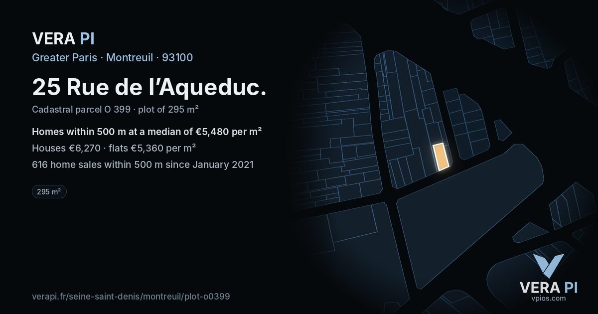 25 Rue de l’Aqueduc, Montreuil at night – the plot lit, the parcels around coloured by the prices near them