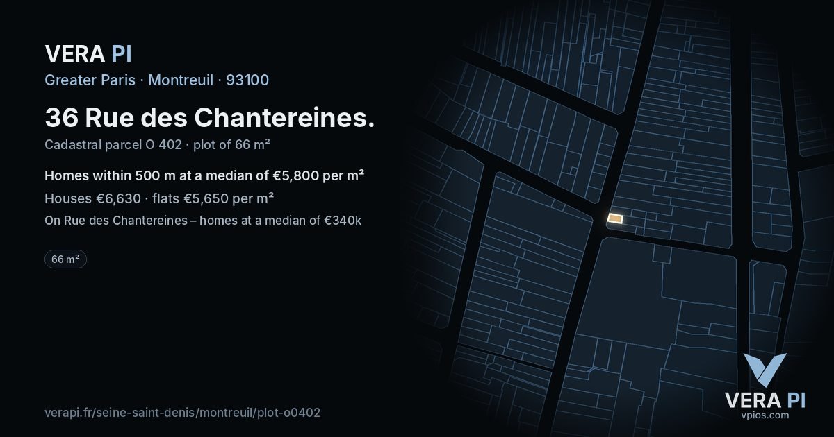 36 Rue des Chantereines, Montreuil at night – the plot lit, the parcels around coloured by the prices near them