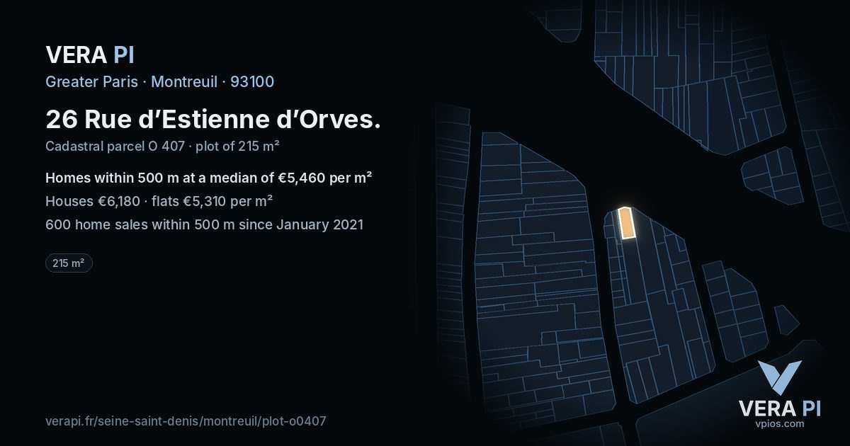 26 Rue d’Estienne d’Orves, Montreuil at night – the plot lit, the parcels around coloured by the prices near them