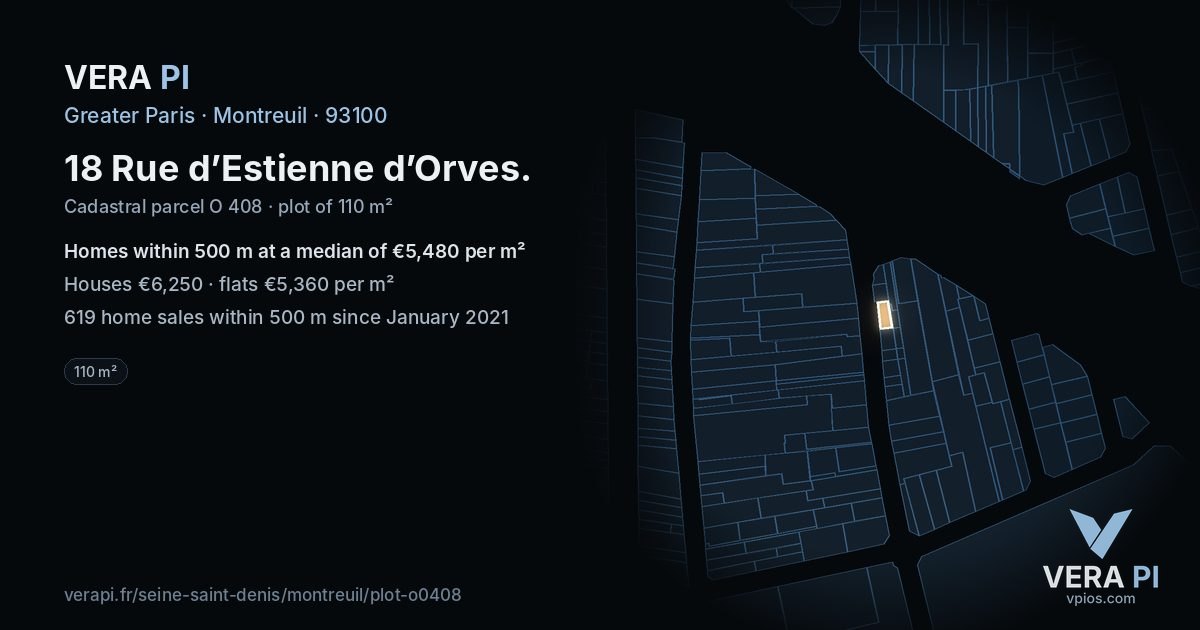 18 Rue d’Estienne d’Orves, Montreuil at night – the plot lit, the parcels around coloured by the prices near them