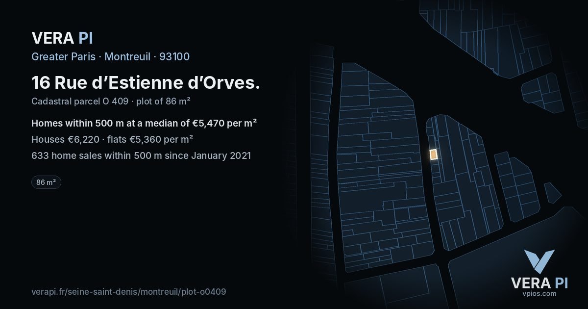 16 Rue d’Estienne d’Orves, Montreuil at night – the plot lit, the parcels around coloured by the prices near them