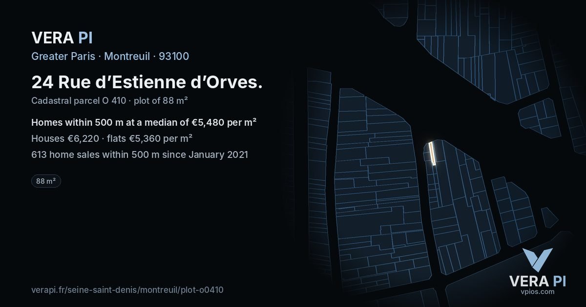 24 Rue d’Estienne d’Orves, Montreuil at night – the plot lit, the parcels around coloured by the prices near them