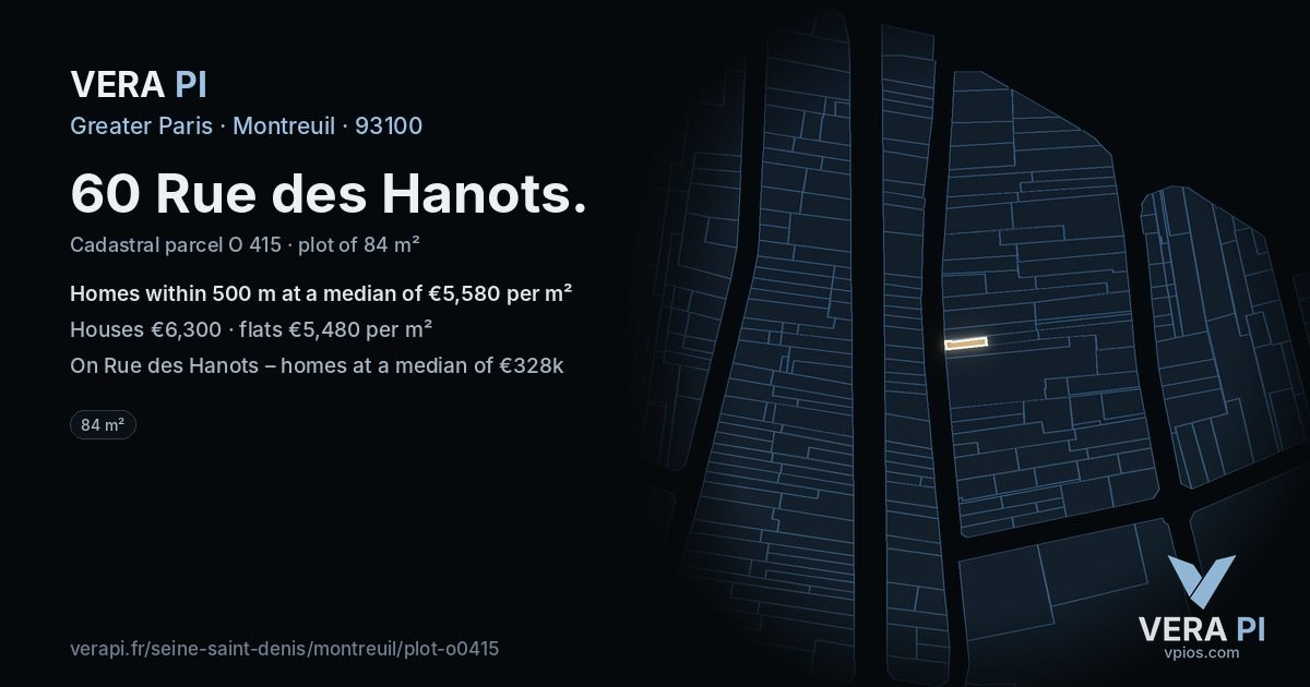 60 Rue des Hanots, Montreuil at night – the plot lit, the parcels around coloured by the prices near them