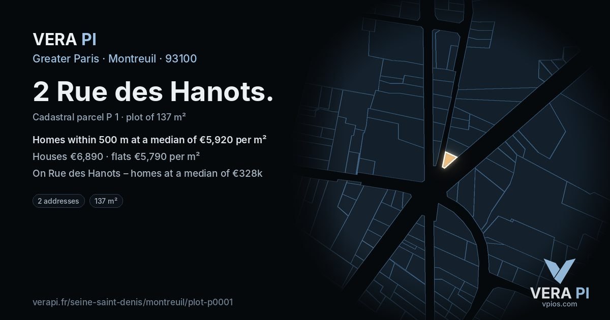 2 Rue des Hanots, Montreuil at night – the plot lit, the parcels around coloured by the prices near them