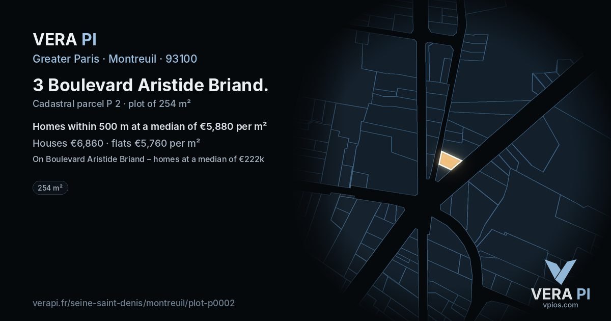 3 Boulevard Aristide Briand, Montreuil at night – the plot lit, the parcels around coloured by the prices near them
