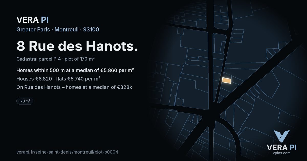 8 Rue des Hanots, Montreuil at night – the plot lit, the parcels around coloured by the prices near them