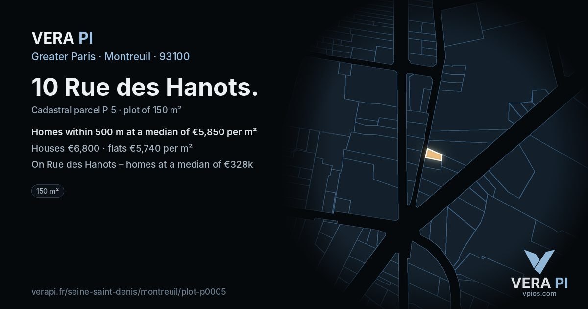 10 Rue des Hanots, Montreuil at night – the plot lit, the parcels around coloured by the prices near them