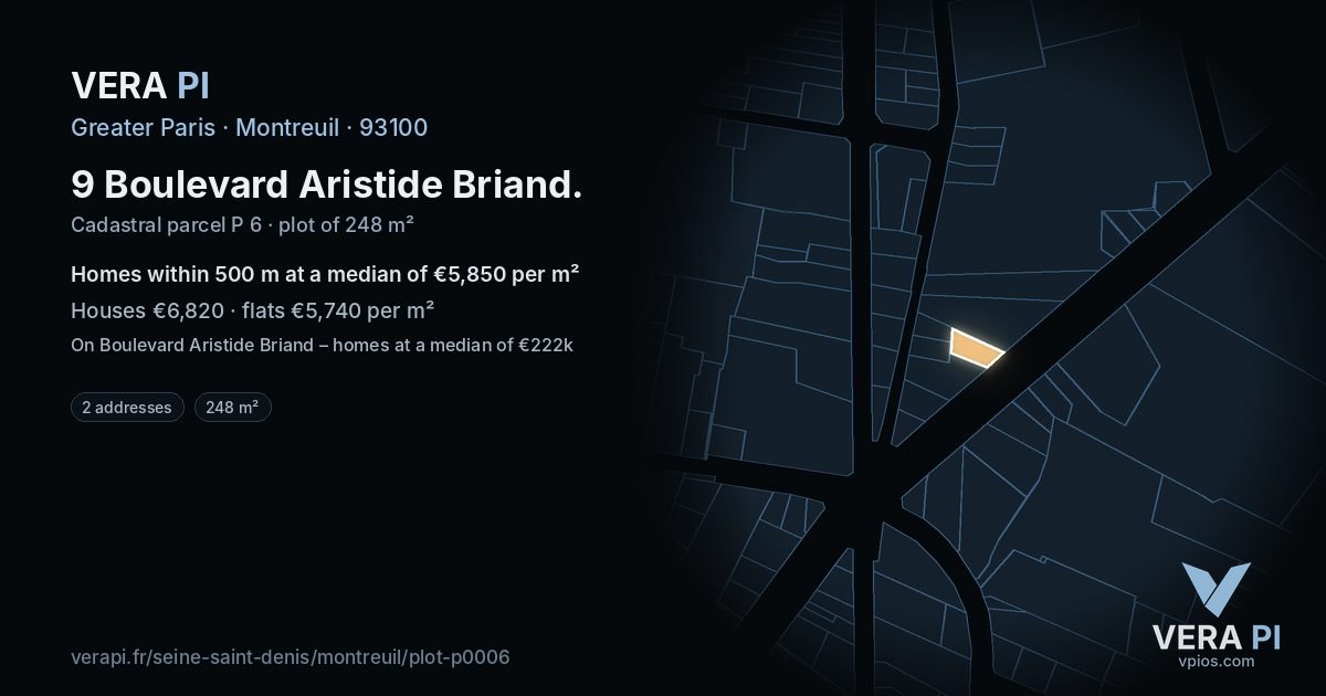 9 Boulevard Aristide Briand, Montreuil at night – the plot lit, the parcels around coloured by the prices near them