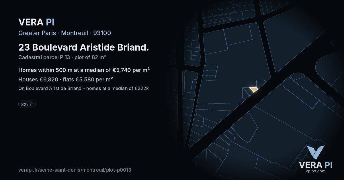 23 Boulevard Aristide Briand, Montreuil at night – the plot lit, the parcels around coloured by the prices near them
