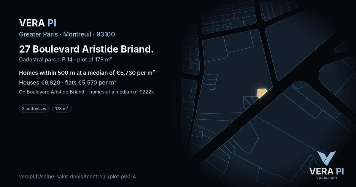27 Boulevard Aristide Briand, Montreuil at night – the plot lit, the parcels around coloured by the prices near them