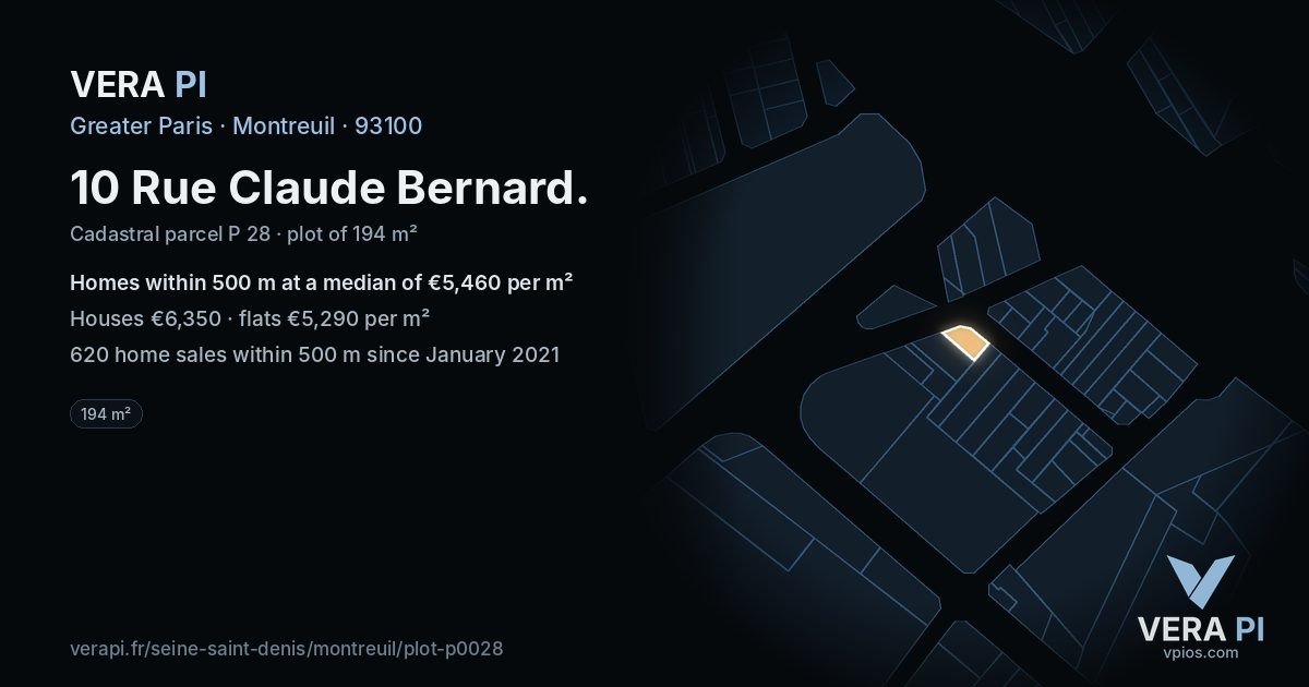 10 Rue Claude Bernard, Montreuil at night – the plot lit, the parcels around coloured by the prices near them