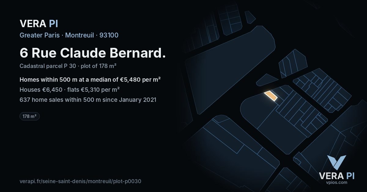 6 Rue Claude Bernard, Montreuil at night – the plot lit, the parcels around coloured by the prices near them