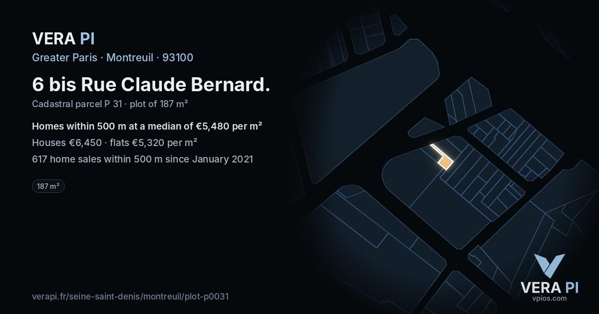 6 bis Rue Claude Bernard, Montreuil at night – the plot lit, the parcels around coloured by the prices near them