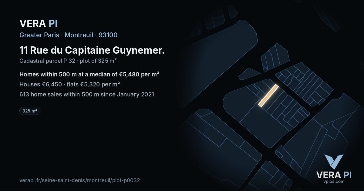 11 Rue du Capitaine Guynemer, Montreuil at night – the plot lit, the parcels around coloured by the prices near them