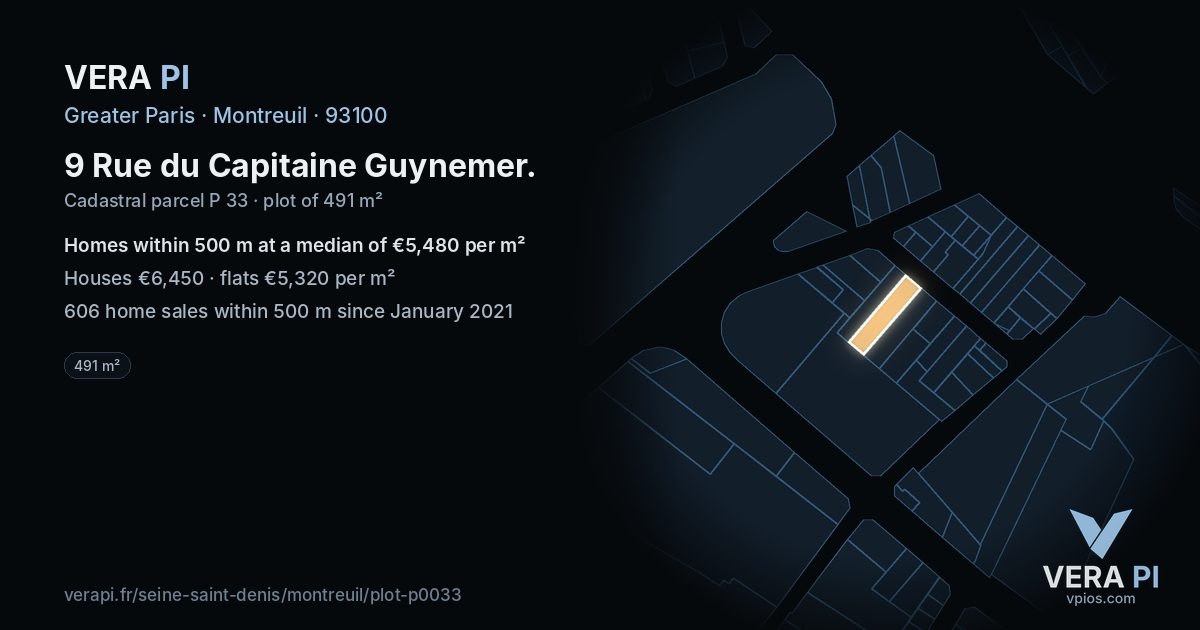 9 Rue du Capitaine Guynemer, Montreuil at night – the plot lit, the parcels around coloured by the prices near them