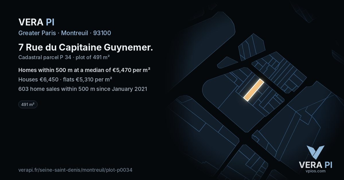 7 Rue du Capitaine Guynemer, Montreuil at night – the plot lit, the parcels around coloured by the prices near them