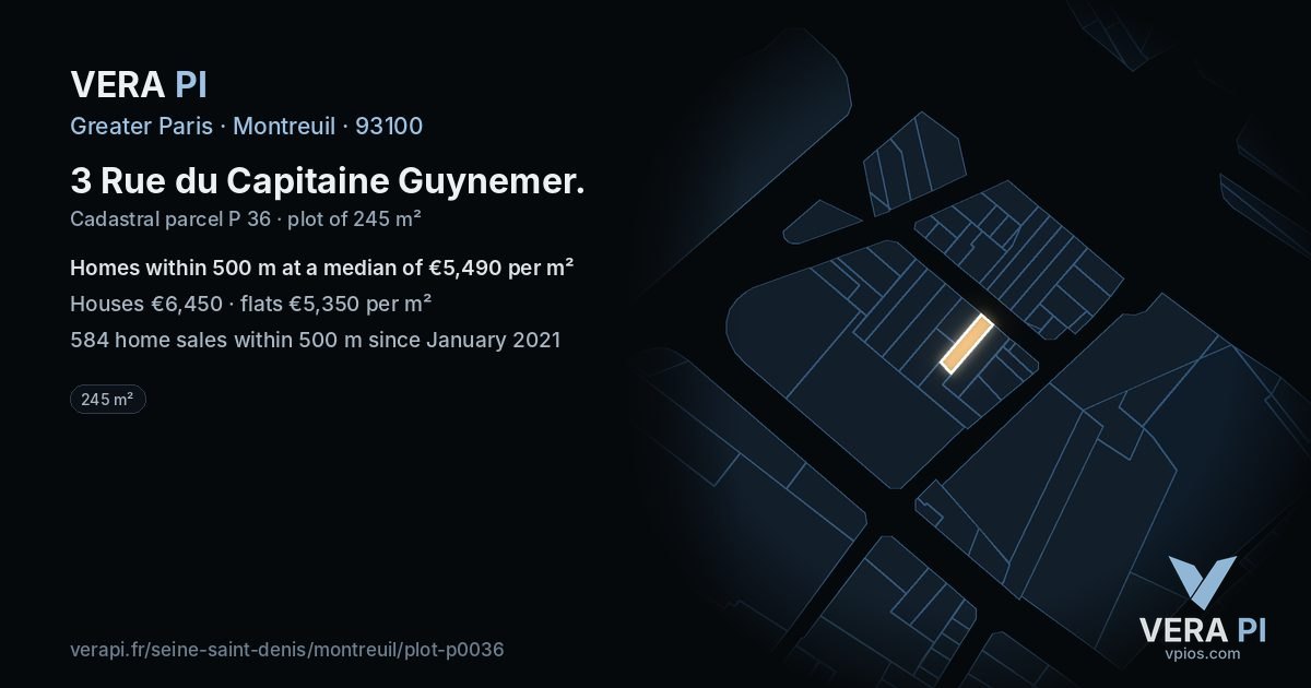 3 Rue du Capitaine Guynemer, Montreuil at night – the plot lit, the parcels around coloured by the prices near them