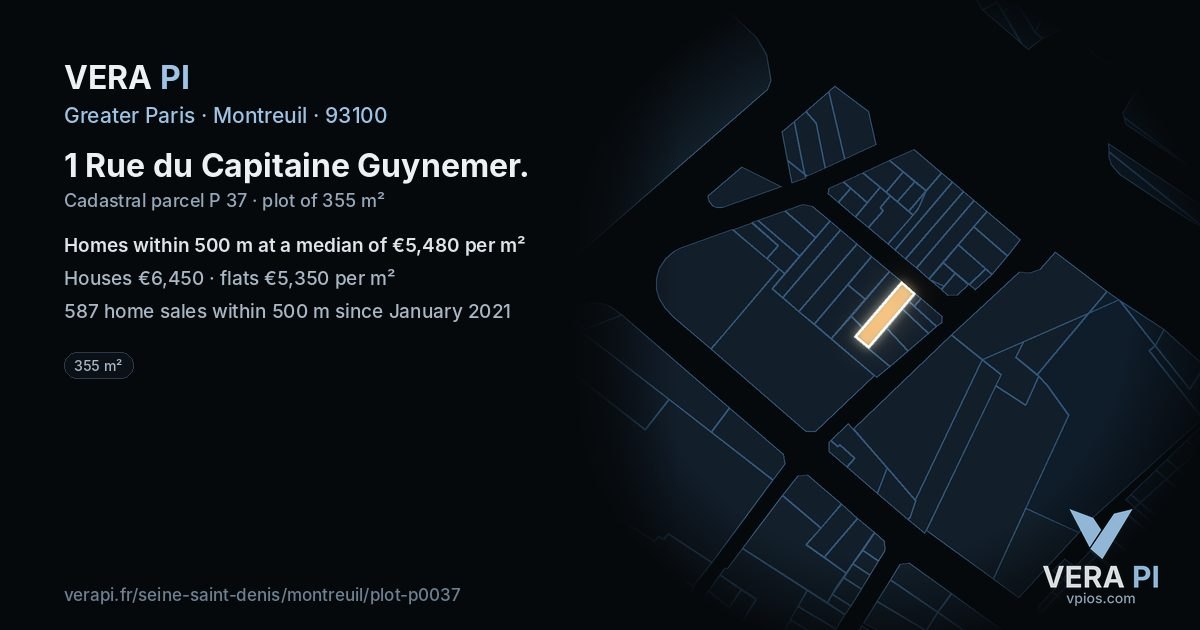 1 Rue du Capitaine Guynemer, Montreuil at night – the plot lit, the parcels around coloured by the prices near them