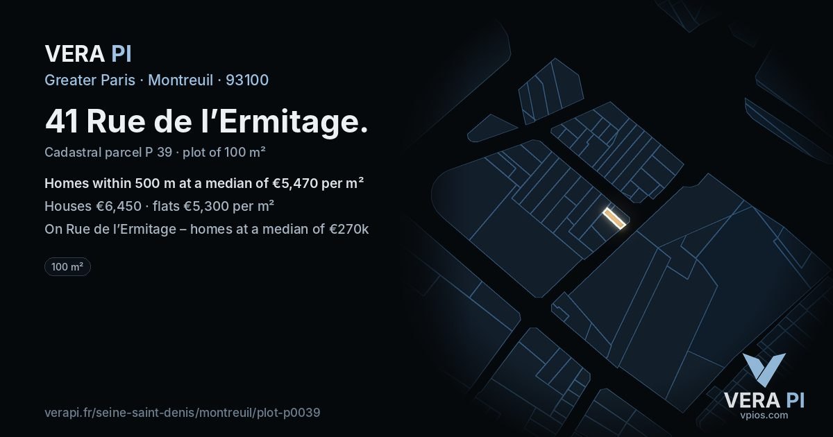 41 Rue de l’Ermitage, Montreuil at night – the plot lit, the parcels around coloured by the prices near them