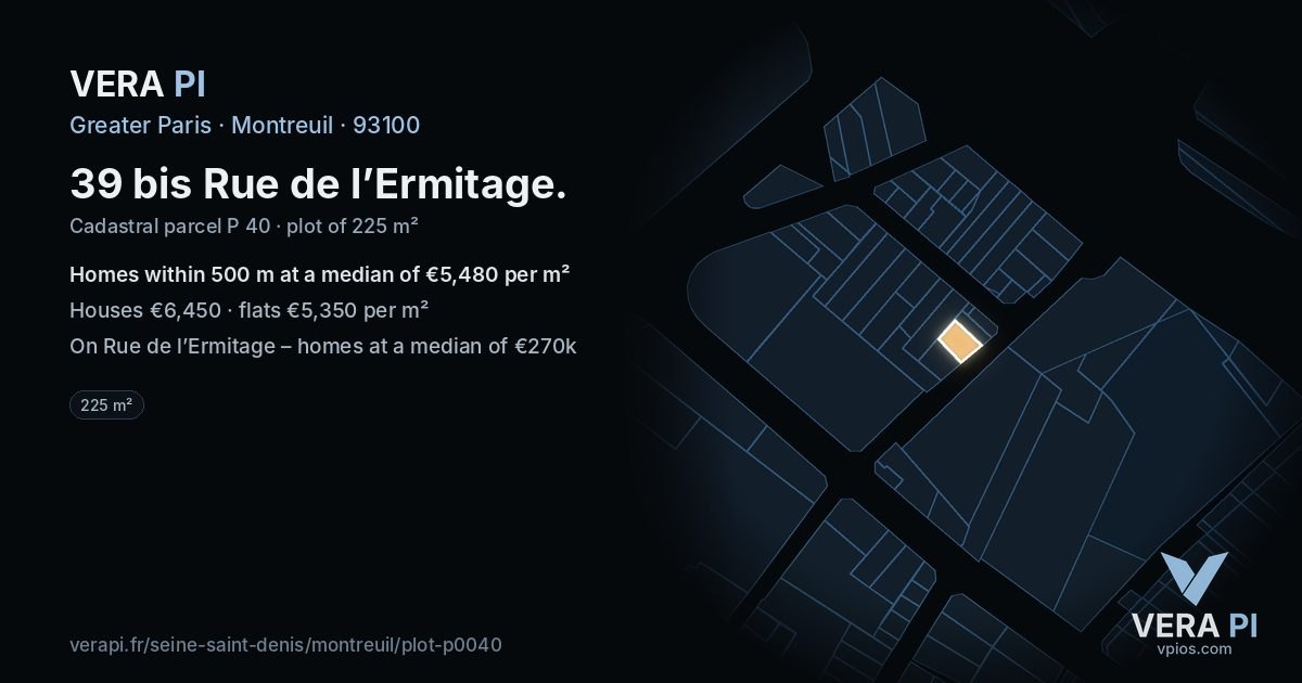 39 bis Rue de l’Ermitage, Montreuil at night – the plot lit, the parcels around coloured by the prices near them