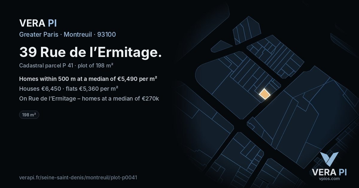 39 Rue de l’Ermitage, Montreuil at night – the plot lit, the parcels around coloured by the prices near them