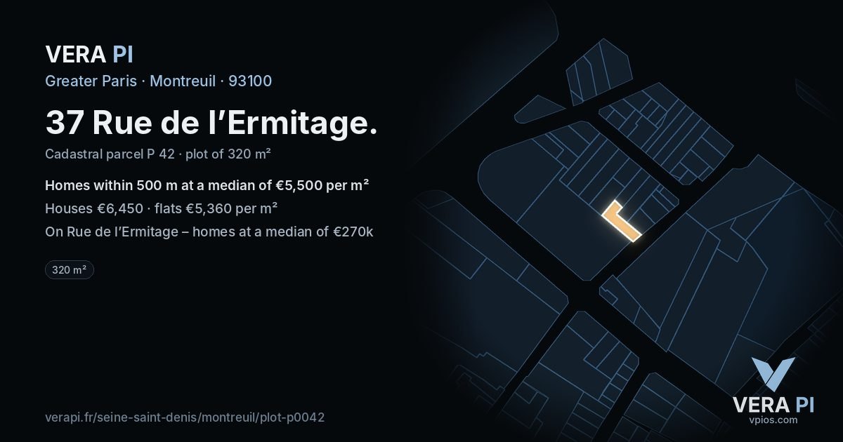 37 Rue de l’Ermitage, Montreuil at night – the plot lit, the parcels around coloured by the prices near them