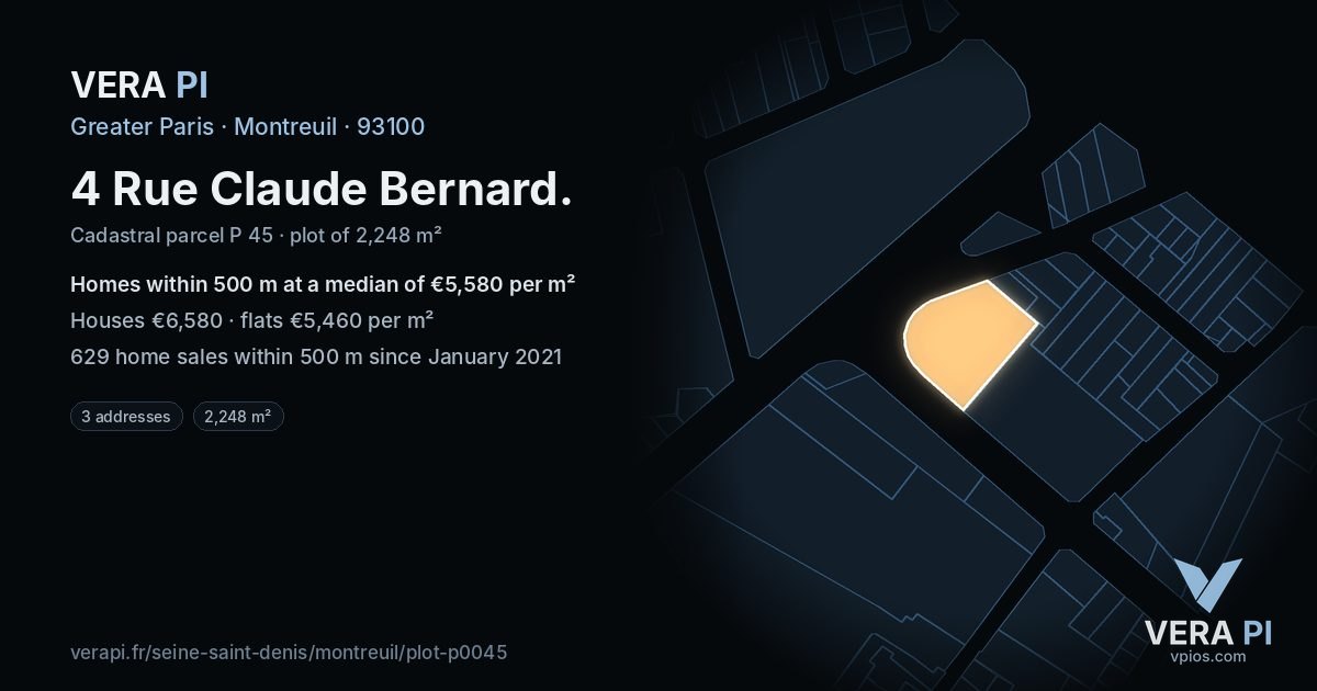 4 Rue Claude Bernard, Montreuil at night – the plot lit, the parcels around coloured by the prices near them