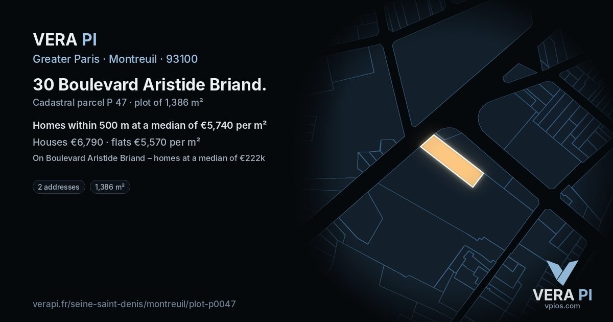 30 Boulevard Aristide Briand, Montreuil at night – the plot lit, the parcels around coloured by the prices near them