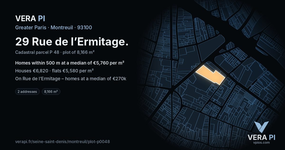 29 Rue de l’Ermitage, Montreuil at night – the plot lit, the parcels around coloured by the prices near them