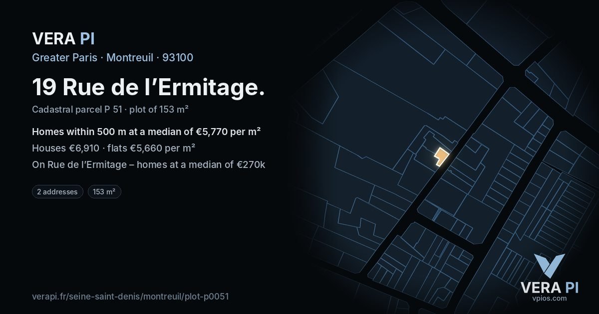 19 Rue de l’Ermitage, Montreuil at night – the plot lit, the parcels around coloured by the prices near them