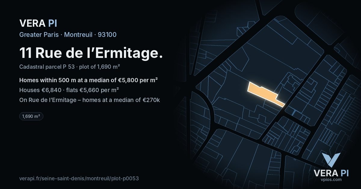 11 Rue de l’Ermitage, Montreuil at night – the plot lit, the parcels around coloured by the prices near them