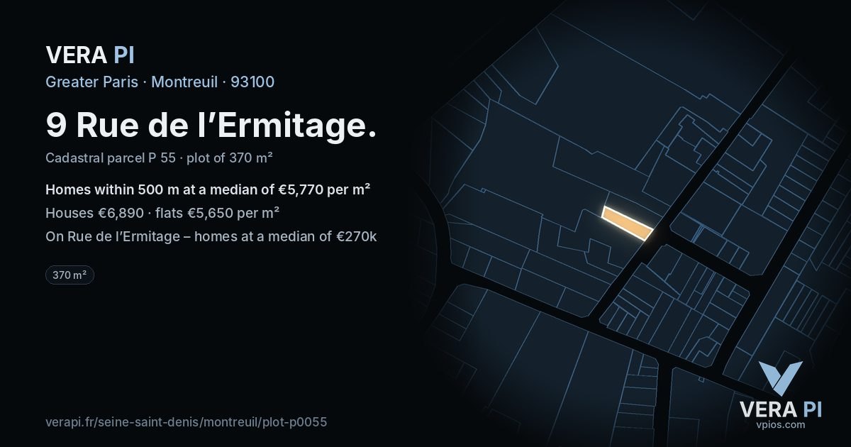 9 Rue de l’Ermitage, Montreuil at night – the plot lit, the parcels around coloured by the prices near them