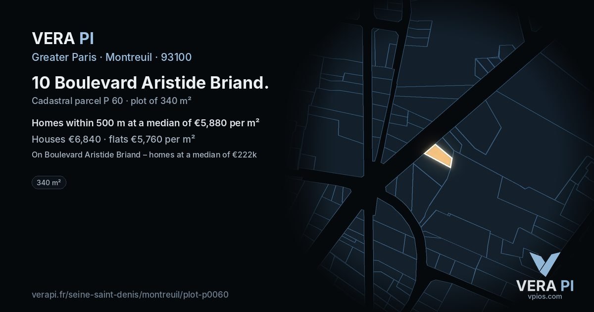 10 Boulevard Aristide Briand, Montreuil at night – the plot lit, the parcels around coloured by the prices near them