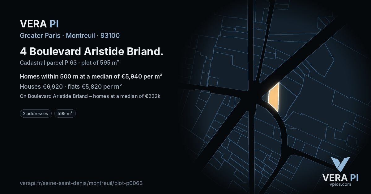 4 Boulevard Aristide Briand, Montreuil at night – the plot lit, the parcels around coloured by the prices near them