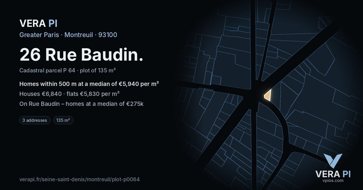 26 Rue Baudin, Montreuil at night – the plot lit, the parcels around coloured by the prices near them