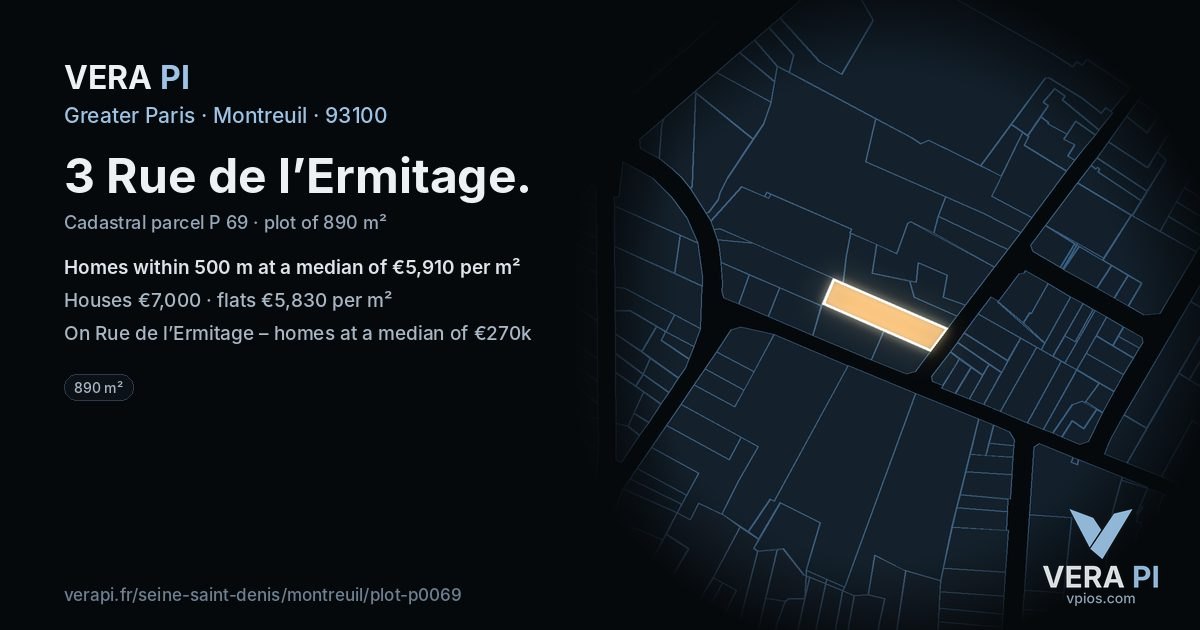 3 Rue de l’Ermitage, Montreuil at night – the plot lit, the parcels around coloured by the prices near them