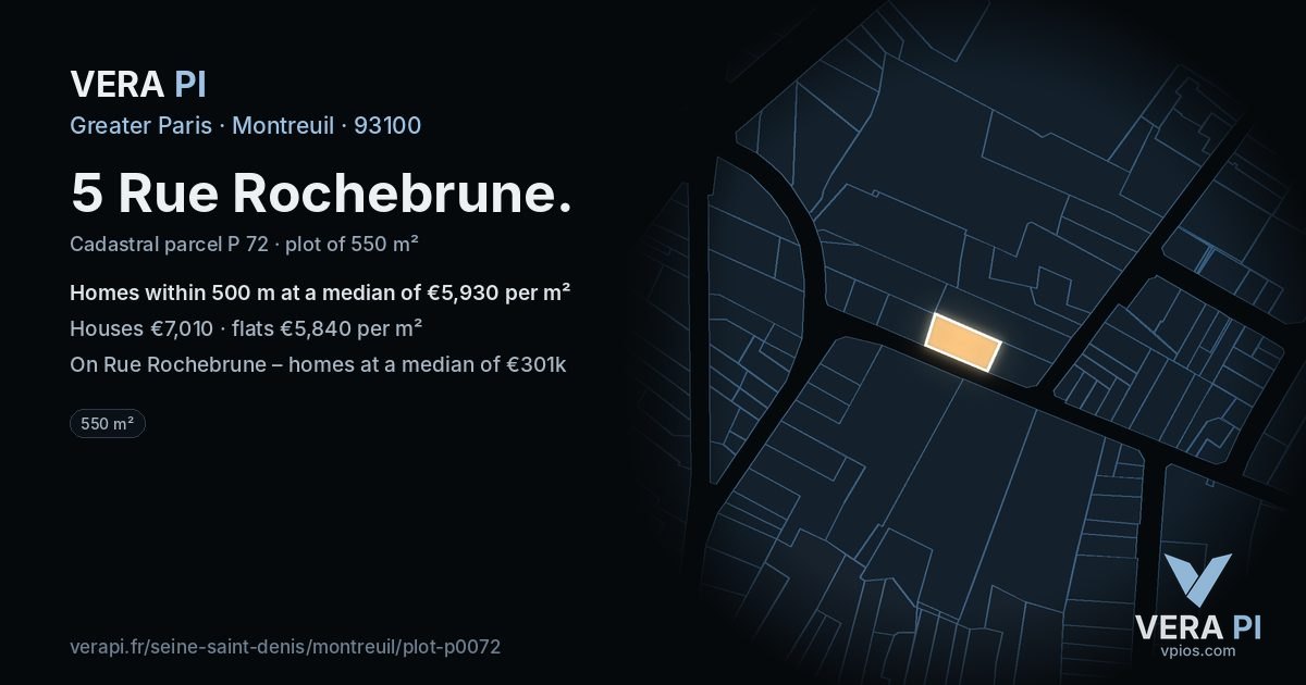 5 Rue Rochebrune, Montreuil at night – the plot lit, the parcels around coloured by the prices near them