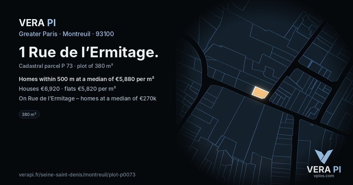 1 Rue de l’Ermitage, Montreuil at night – the plot lit, the parcels around coloured by the prices near them