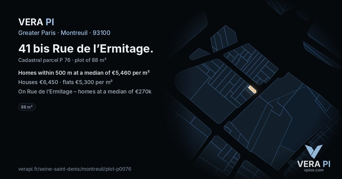 41 bis Rue de l’Ermitage, Montreuil at night – the plot lit, the parcels around coloured by the prices near them