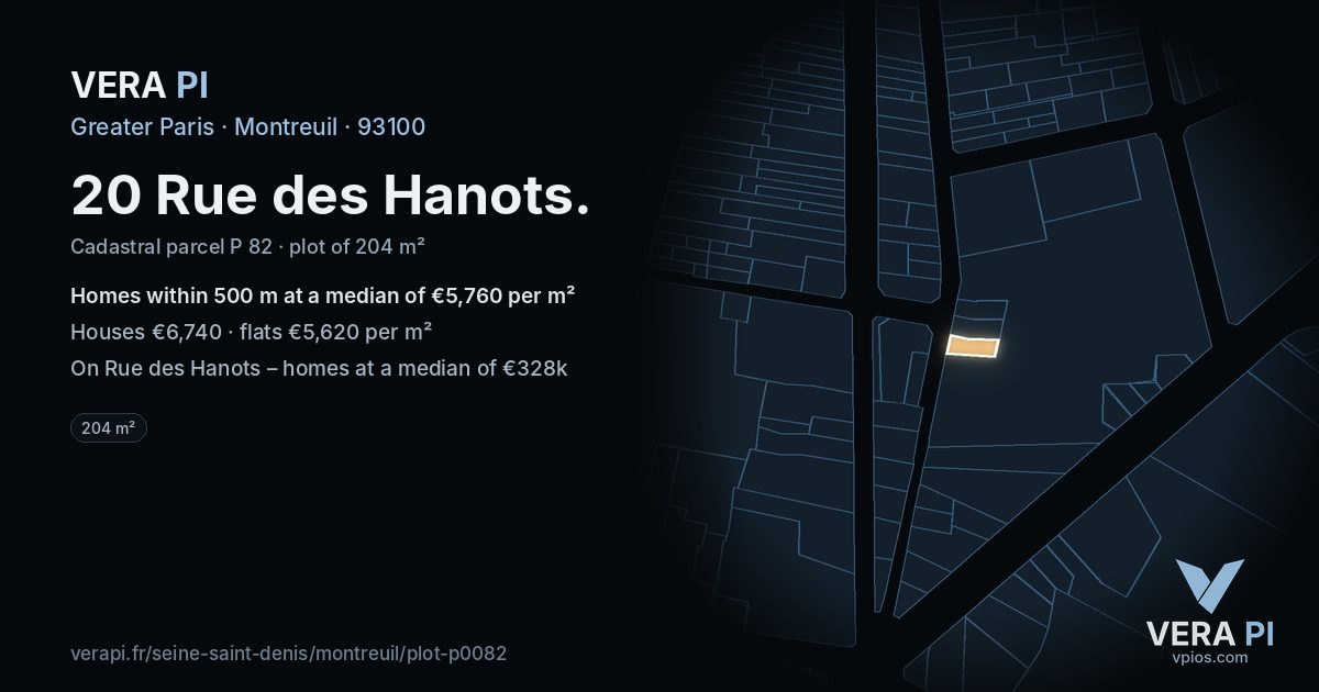 20 Rue des Hanots, Montreuil at night – the plot lit, the parcels around coloured by the prices near them