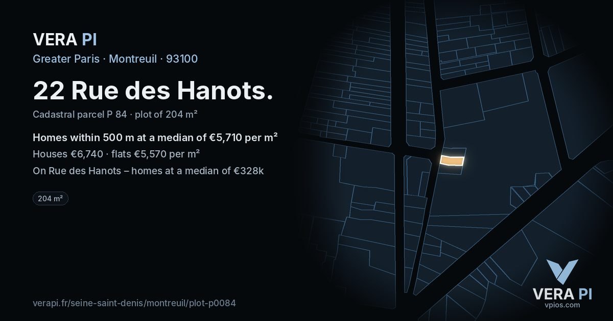 22 Rue des Hanots, Montreuil at night – the plot lit, the parcels around coloured by the prices near them