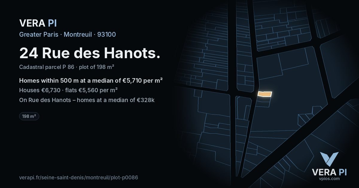 24 Rue des Hanots, Montreuil at night – the plot lit, the parcels around coloured by the prices near them