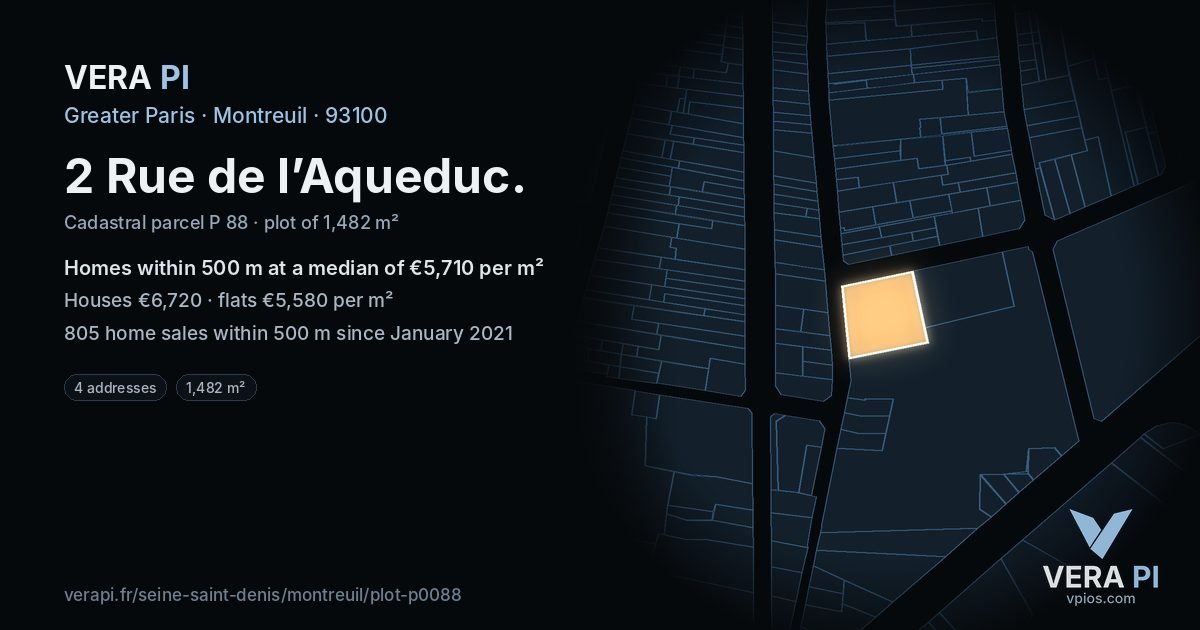 2 Rue de l’Aqueduc, Montreuil at night – the plot lit, the parcels around coloured by the prices near them