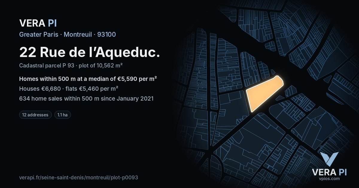 22 Rue de l’Aqueduc, Montreuil at night – the plot lit, the parcels around coloured by the prices near them