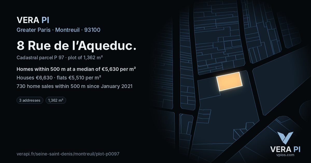 8 Rue de l’Aqueduc, Montreuil at night – the plot lit, the parcels around coloured by the prices near them