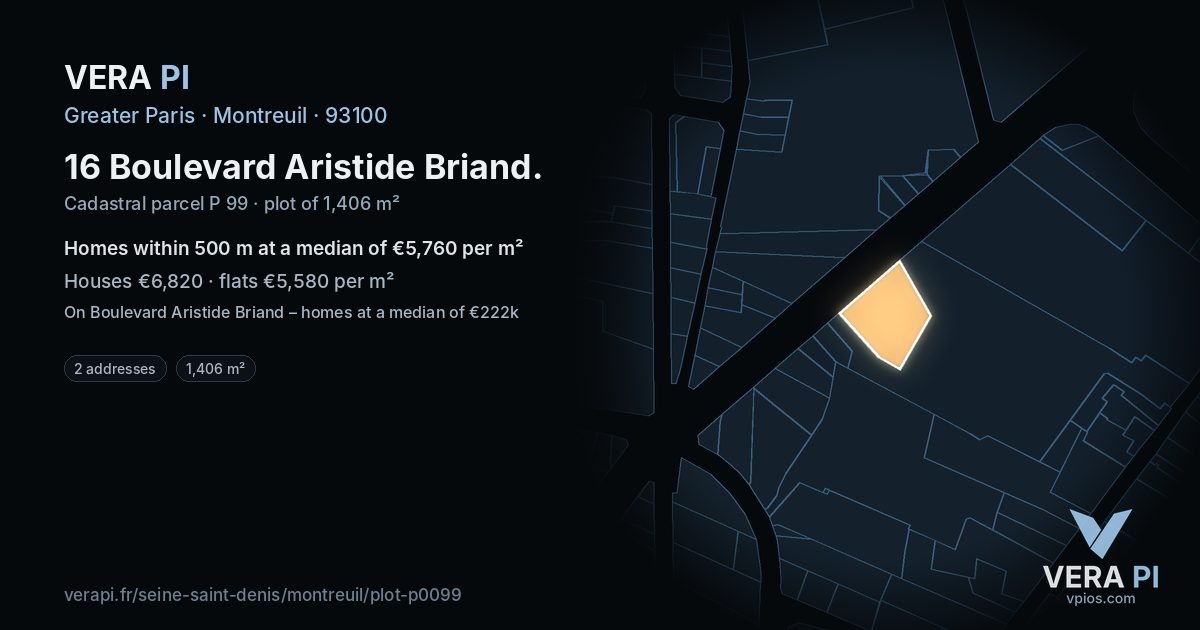 16 Boulevard Aristide Briand, Montreuil at night – the plot lit, the parcels around coloured by the prices near them