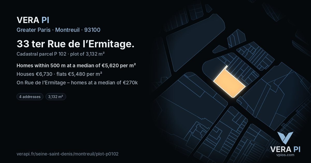 33 ter Rue de l’Ermitage, Montreuil at night – the plot lit, the parcels around coloured by the prices near them