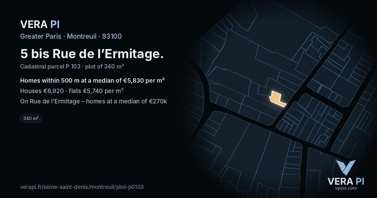 5 bis Rue de l’Ermitage, Montreuil at night – the plot lit, the parcels around coloured by the prices near them