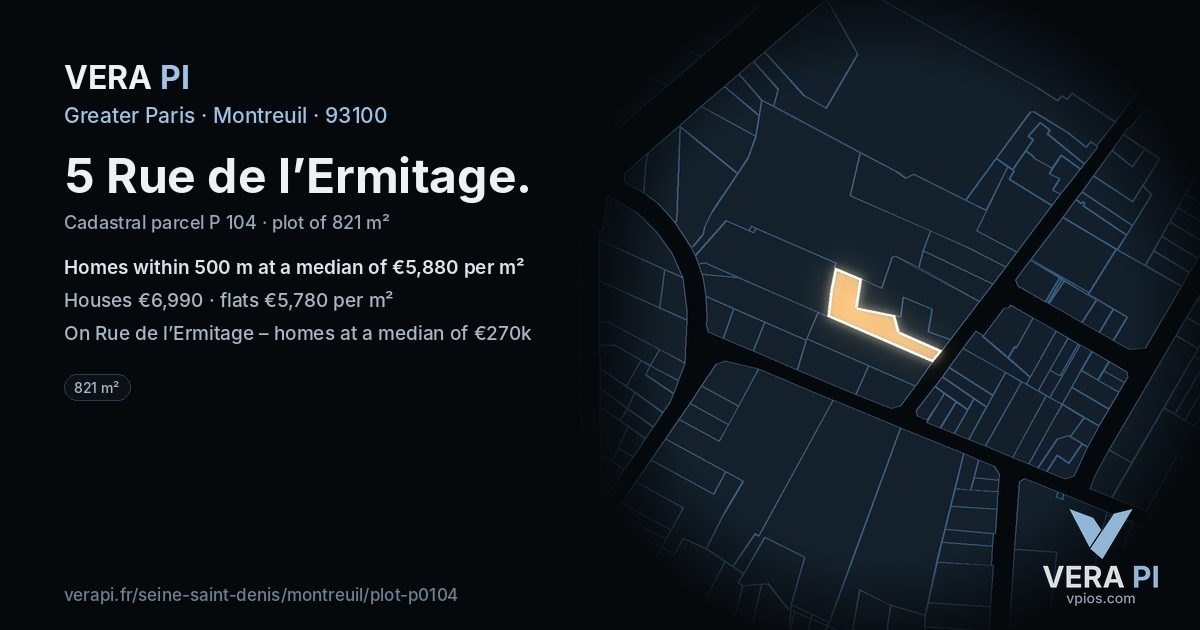 5 Rue de l’Ermitage, Montreuil at night – the plot lit, the parcels around coloured by the prices near them