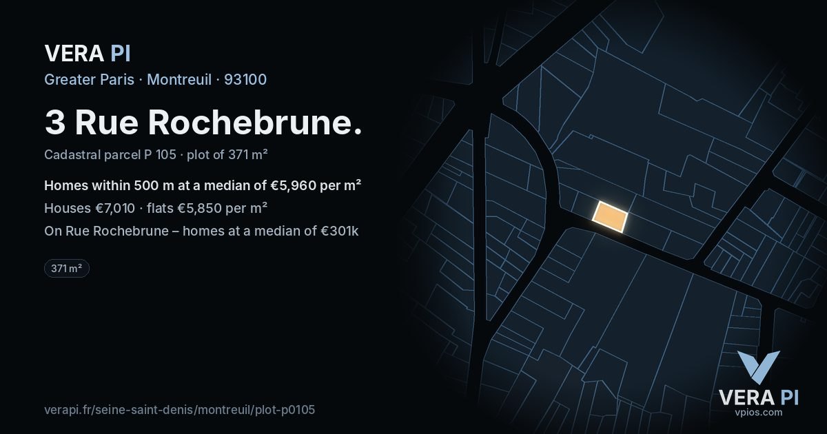 3 Rue Rochebrune, Montreuil at night – the plot lit, the parcels around coloured by the prices near them